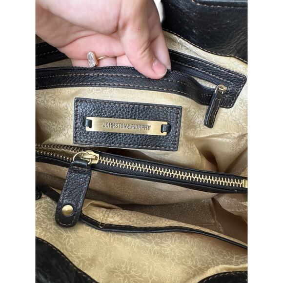 Johnston & Murphy Black Leather Tote Bag Purse Gold Logo Charm | Large Interior - Picture 5 of 8